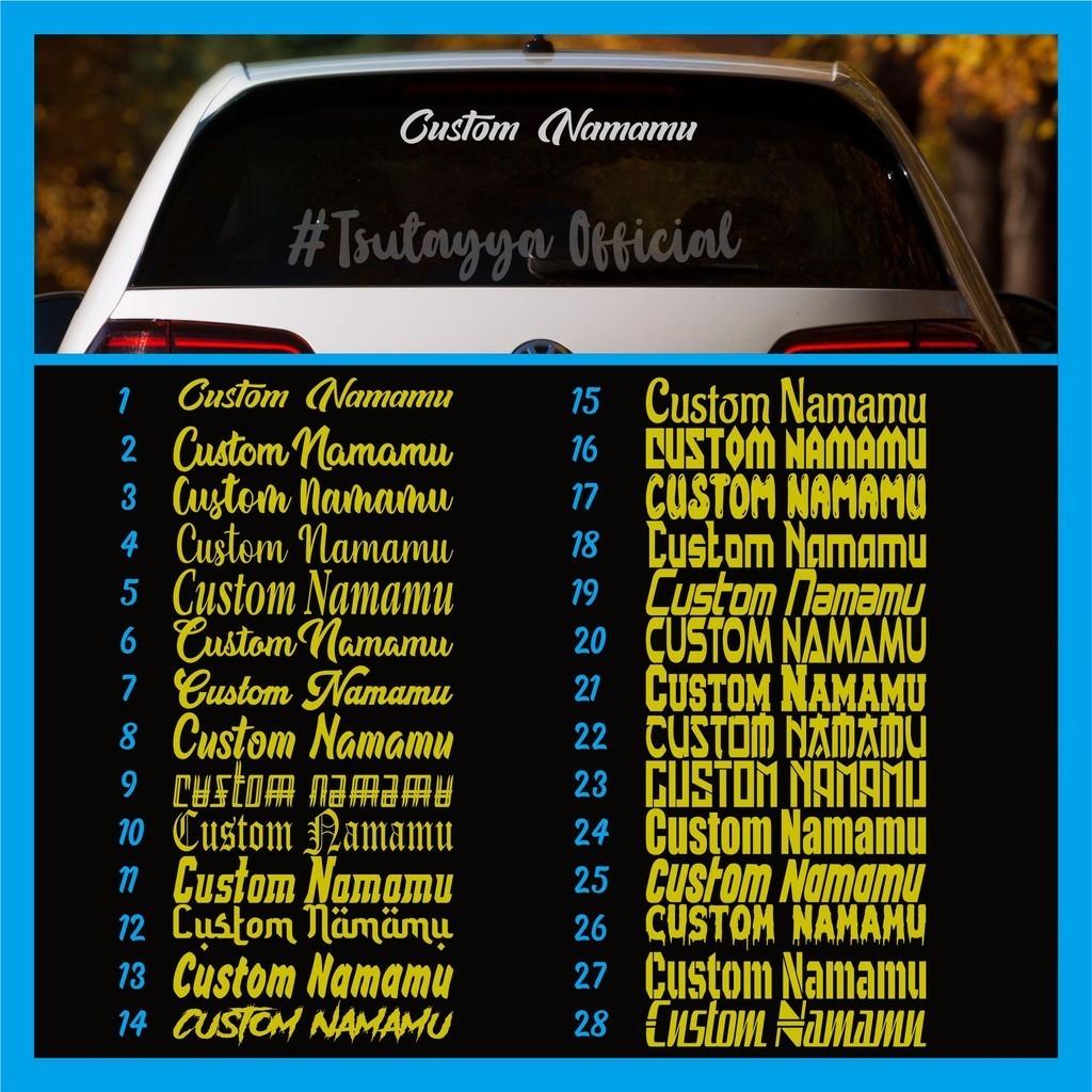 Stiker Cutting Nama Custom Kaca Mobil Bahan Reflektif untuk Kaca javascript:Mobil , Pick Up , Truck 