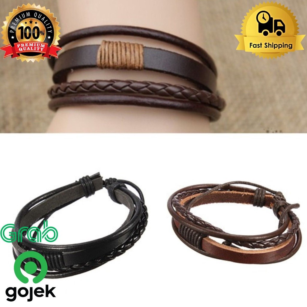 Gelang tangan pria kulit asli hitam multilayer coklat simple cool , gelang tangan pria / gelang kuli