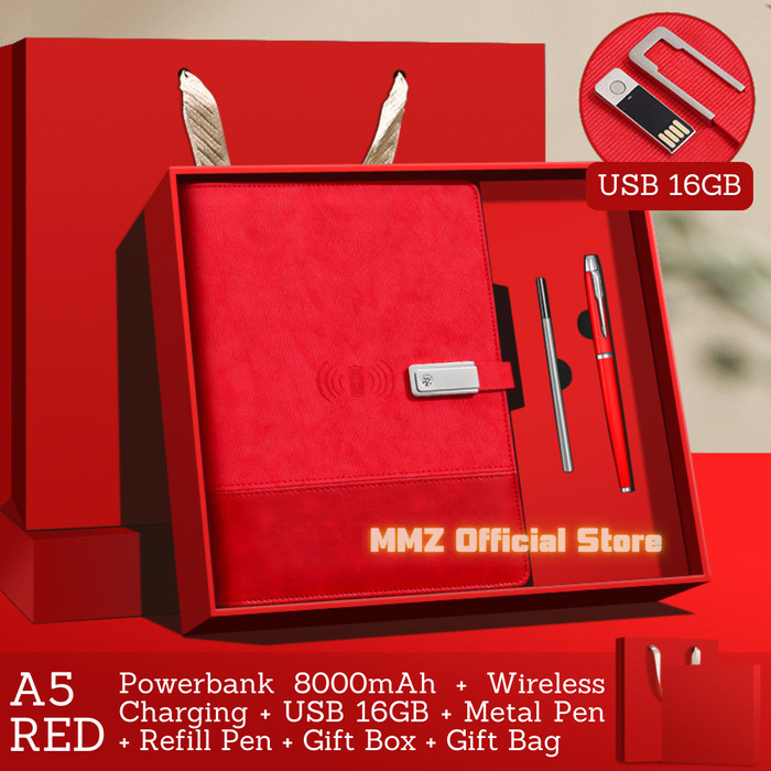 

ANDMA Notebook Buku Catatan Agenda Wireless Charging Power Bank Gift Set - Merah