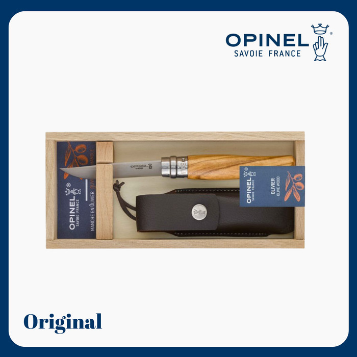 Opinel No. 08 Olive Wood with Sheath + Wooden Case for Gift