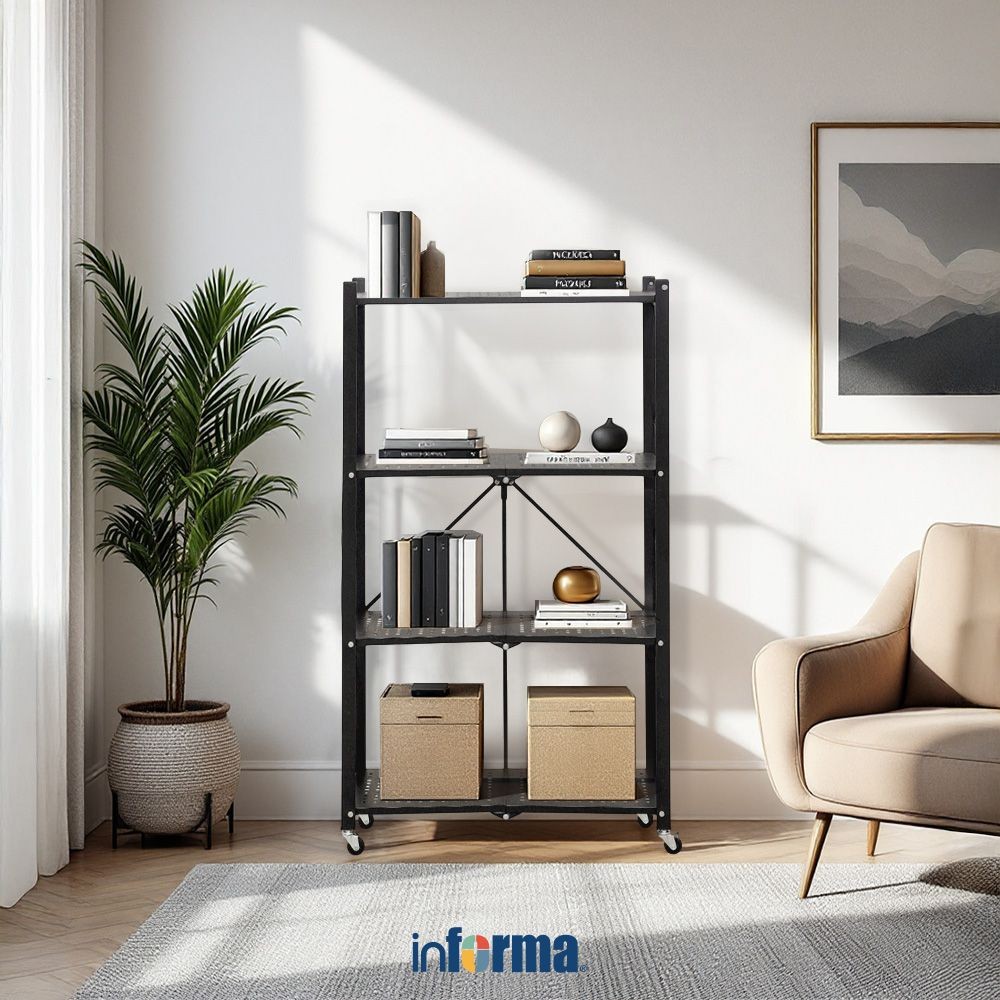 Informa Ollin Rak Besi Lipat 4 Tingkat - Hitam Storage Rack Metal Tempat Penyimpanan Serbaguna Rak B