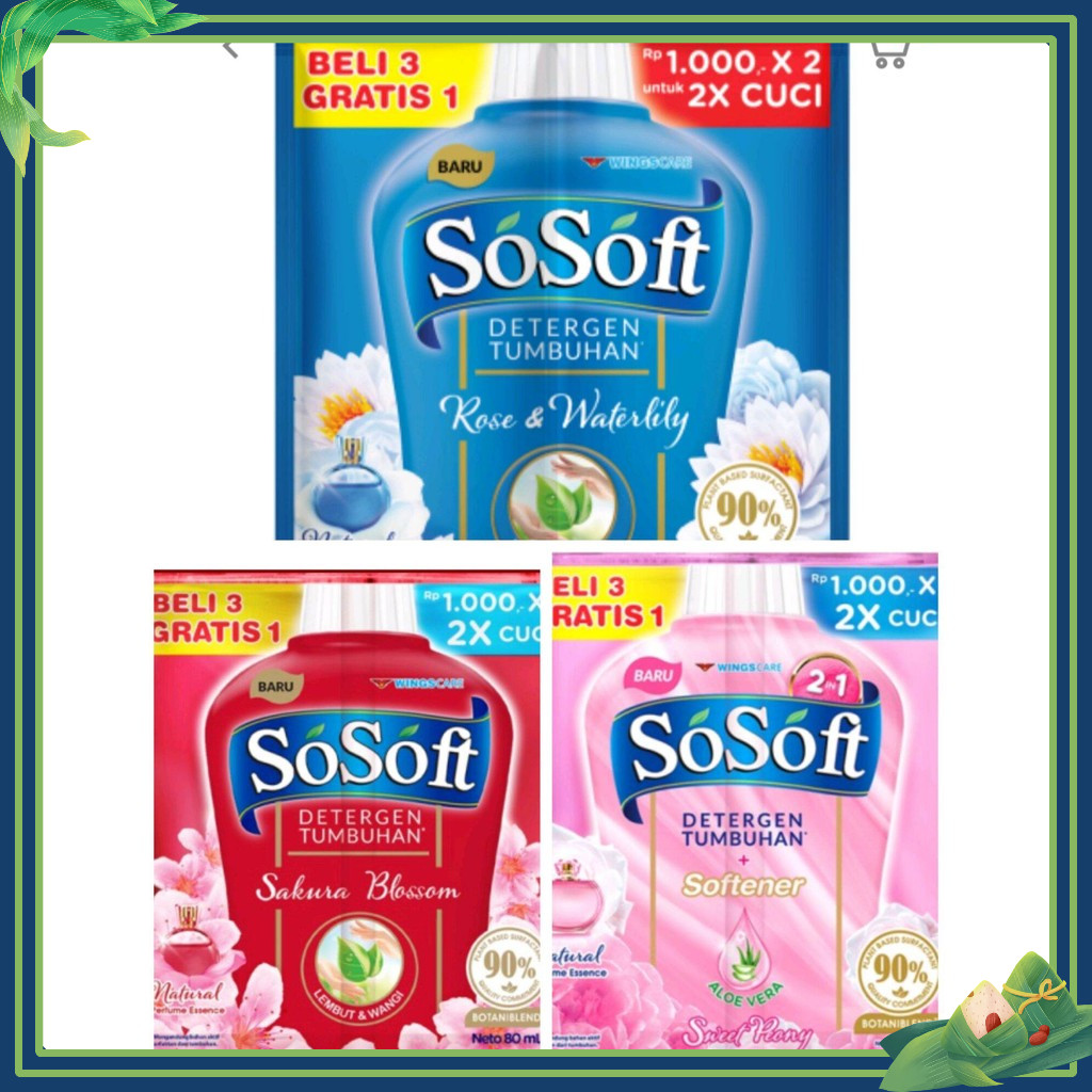 SOSOFT CAIR DETERGENT LIQUID Renceng isi 16 SACHET 80ml (40x2) NATURE FRESH DOUBLE DETERGENT CAIR PE