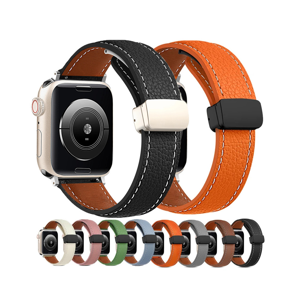 Leather Magnetic Buckle Strap for Apple Watch 7 8 9 45mm 41mm Ultra2 49mm Leather Band for iWatch Se