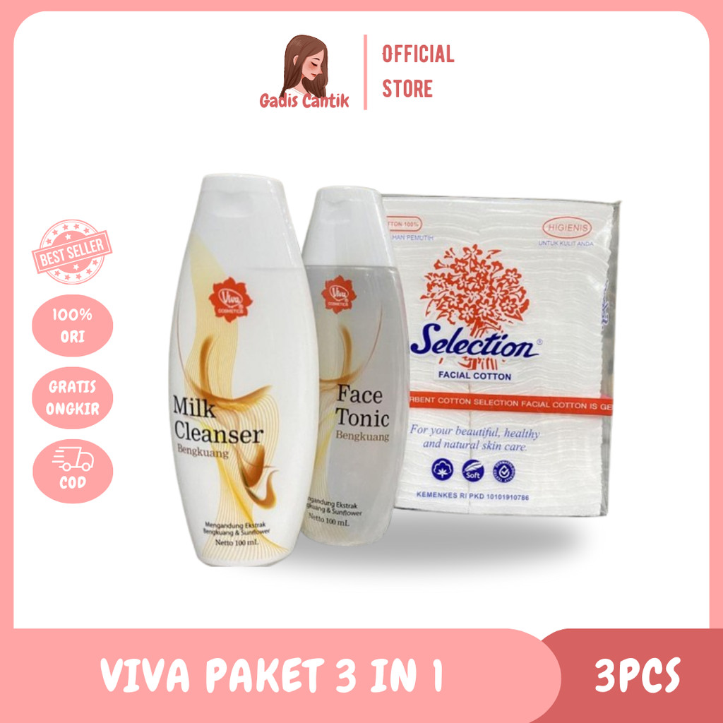 [3in1] Paket Hemat Viva Milk Cleanser 100 ml + Face Tonic 100 ml + Kapas Selection 35 gr Pembersih W