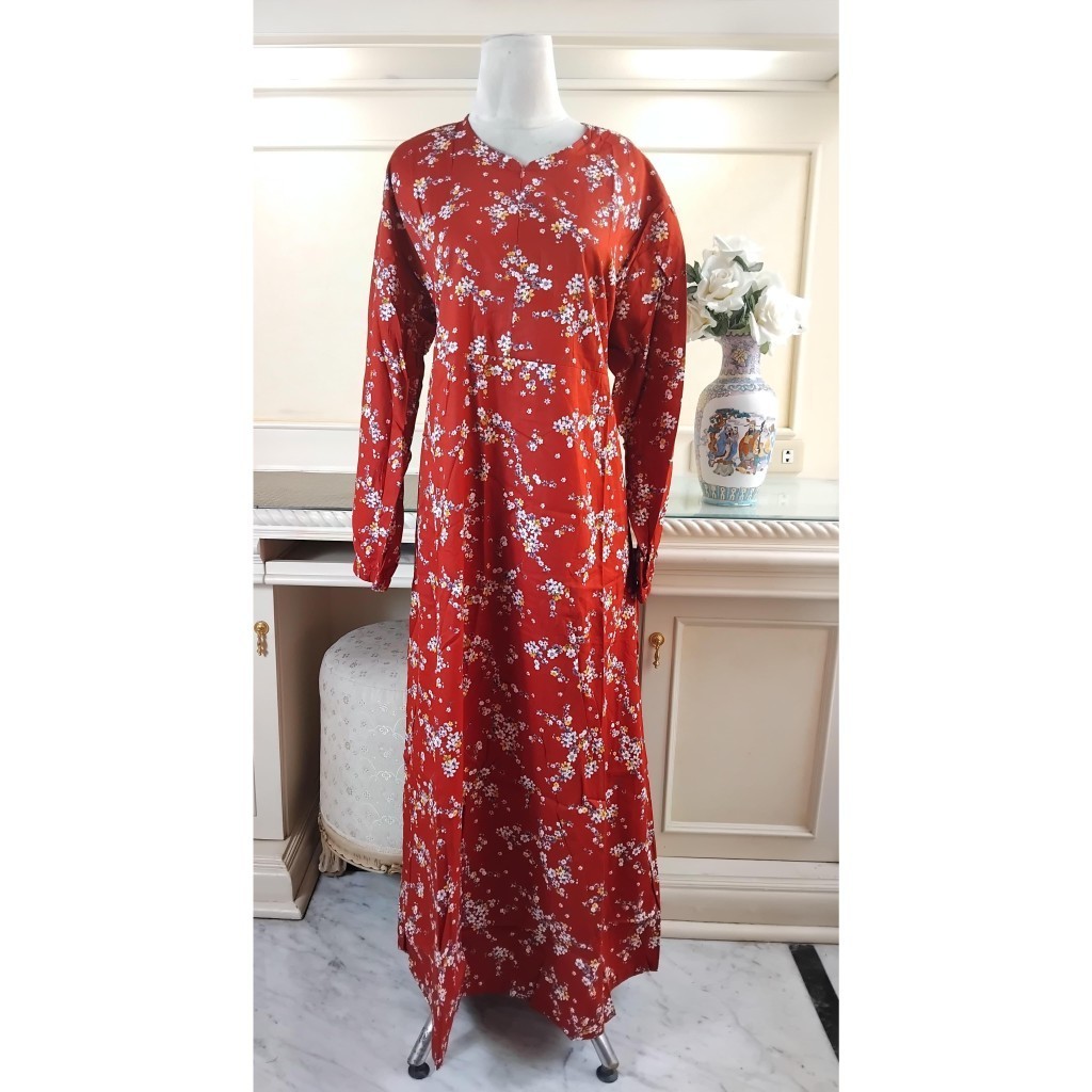 GAMIS KATUN JEPANG MOTIF BUNGA KECIL PUTIH (MAROON)