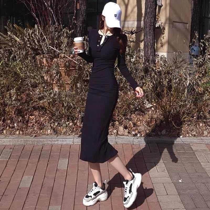 DRESS COTTON BODYCON POLOS LENGAN PANJANG MODEL LEHER O NECK BASIC LONG DRESS COTTON STRECTH PREMIUM