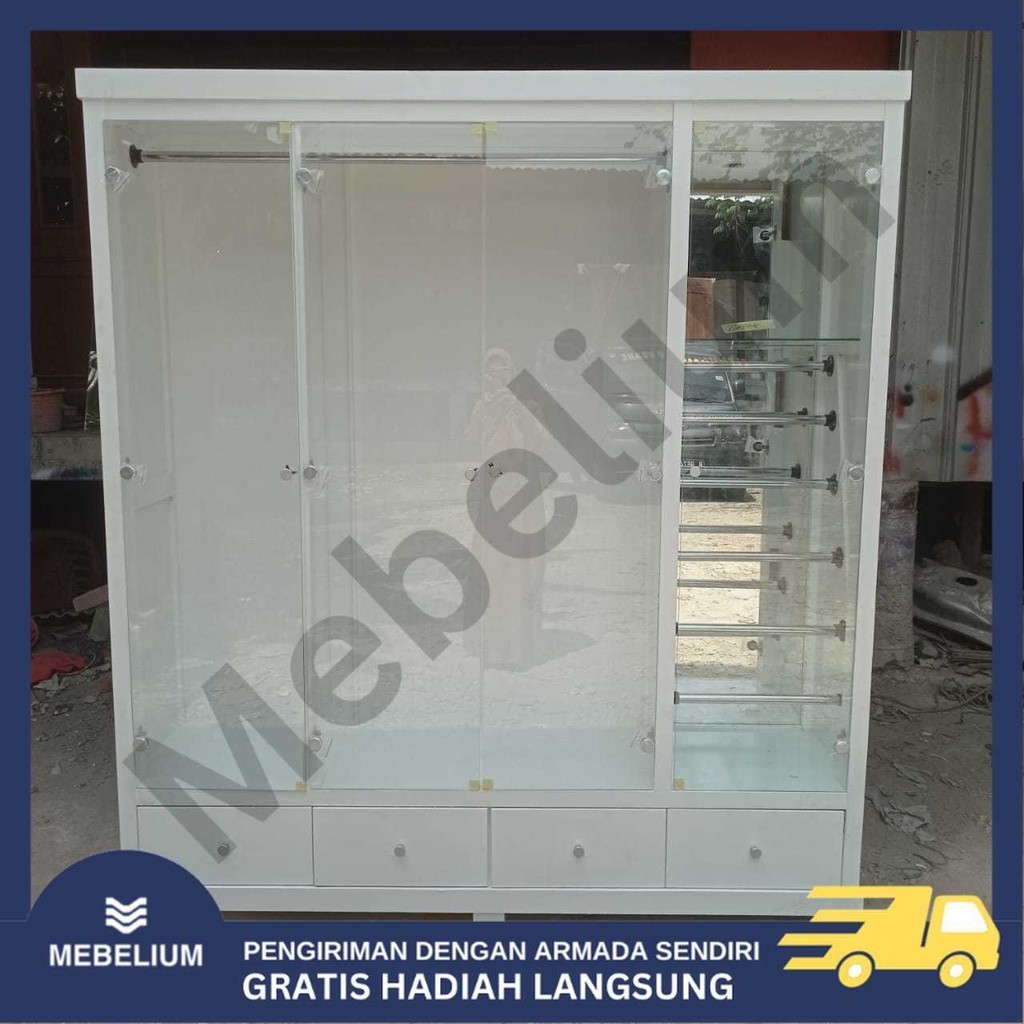 [Jabodetabek] Lemari Pajangan Gamis Kaca 4 Pintu Minimalis | Lemari Rak Tas Bahan Full Bloktik Premi