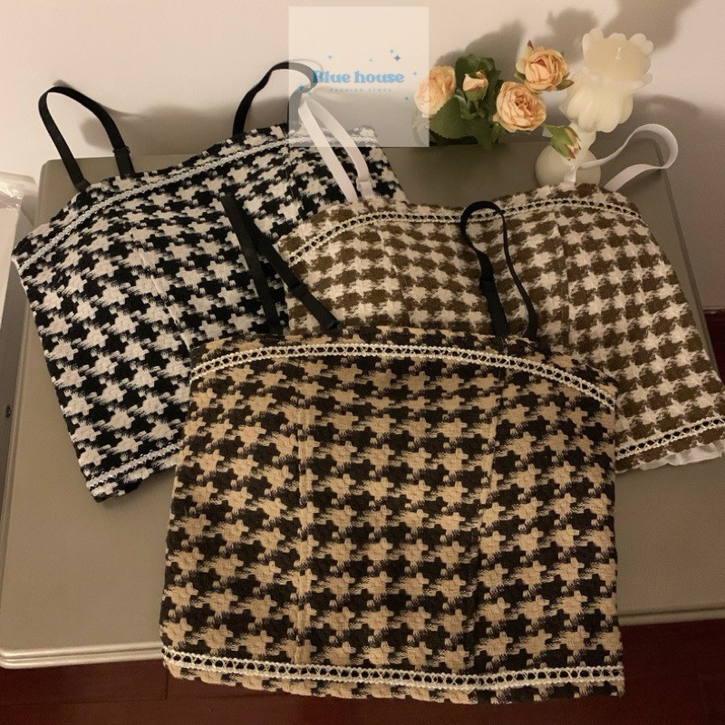 Moekuku Tanktop Crop Top Wanita Motif Kotak Kotak Tengtop Wanita Seksi Slim