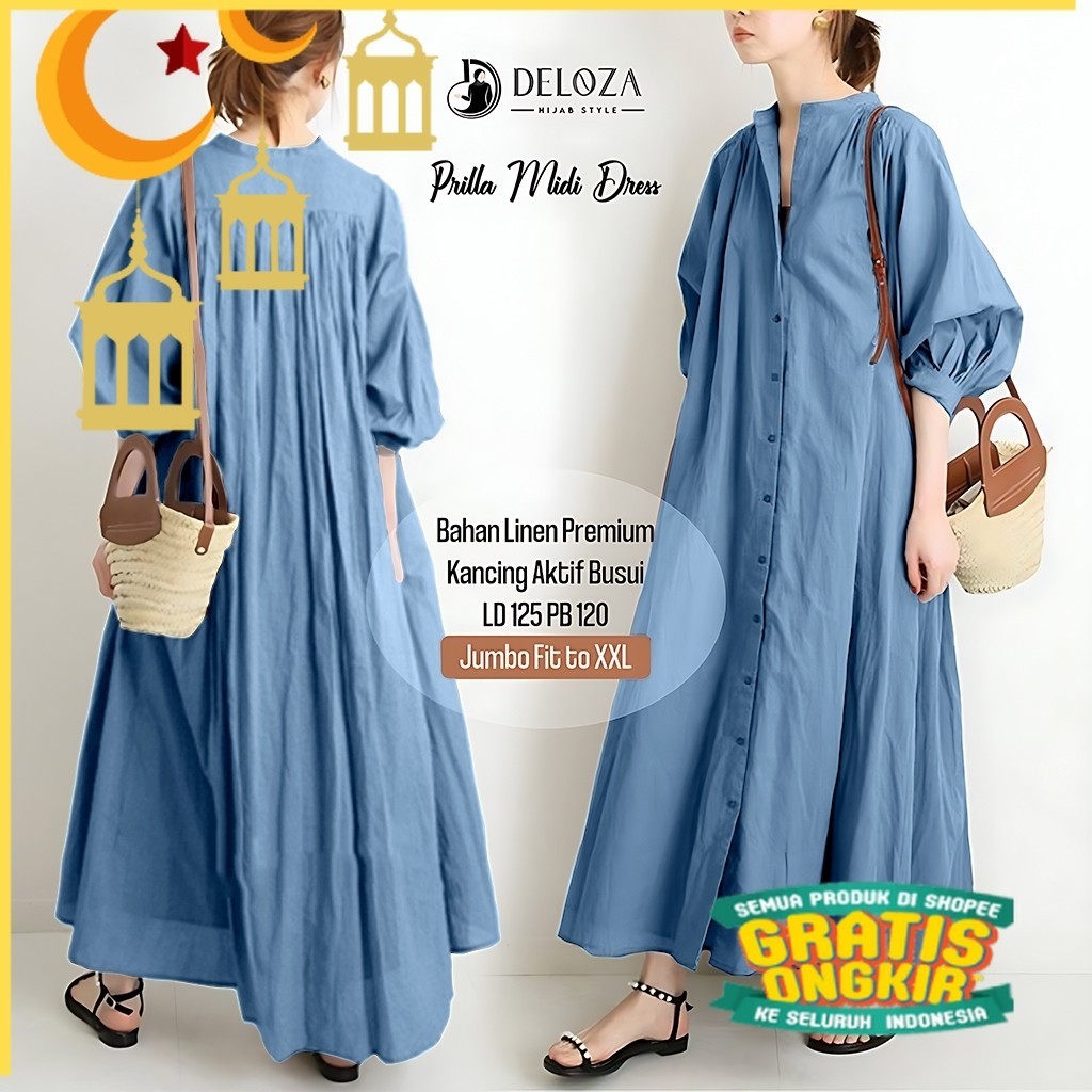 Maxi Dress Wanita Jumbo  Prilla Maxi Dress  Gamis Wanita Polos Linen By Deloza/ anak kecil tanggung 