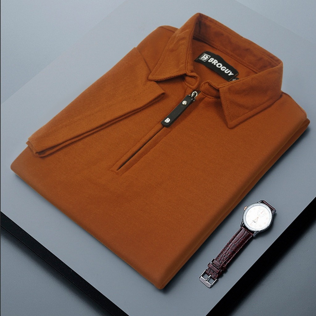 JK67UY Kaos Polo Shirt Pria Kaos Kerah Lengan pendek Original Zipper Size M - XXL Light Brown