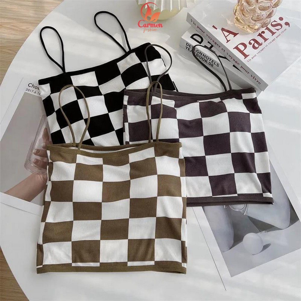 Tanktop Wanita Motif Catur Kotak-Kotak Tanpa Lengan / Crop Top Tengtop Atasan Wanita Bahan Rajut Tan