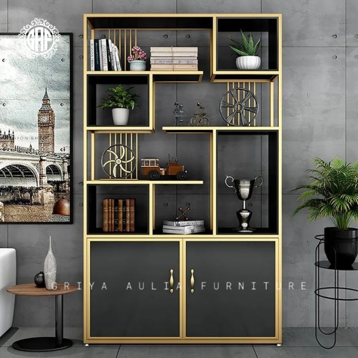 Rak buku besi gold kombinasi kayu jati partisi terbaik