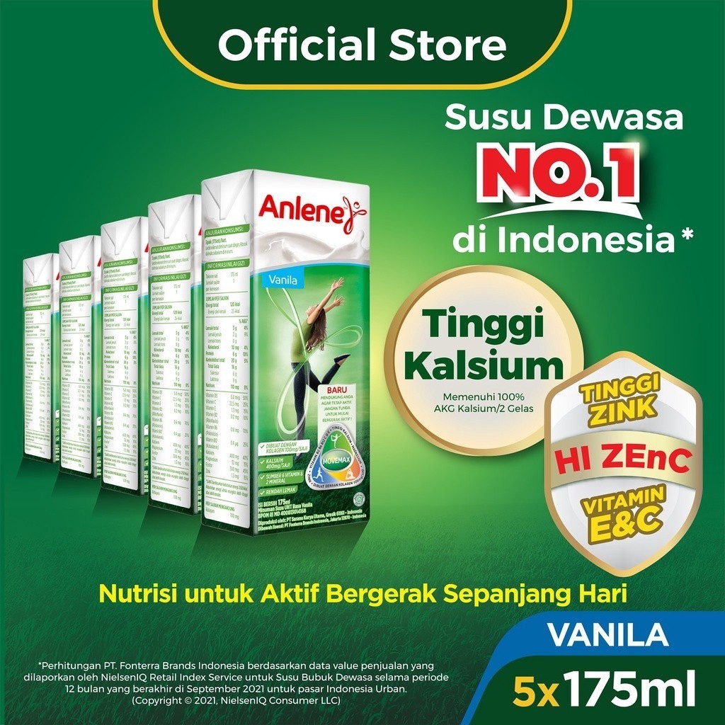 

Anlene Susu Dewasa UHT Vanila 5 x 175ml - Nutrisi Tinggi Kalsium Untuk Tulang, Sendi, dan Otot