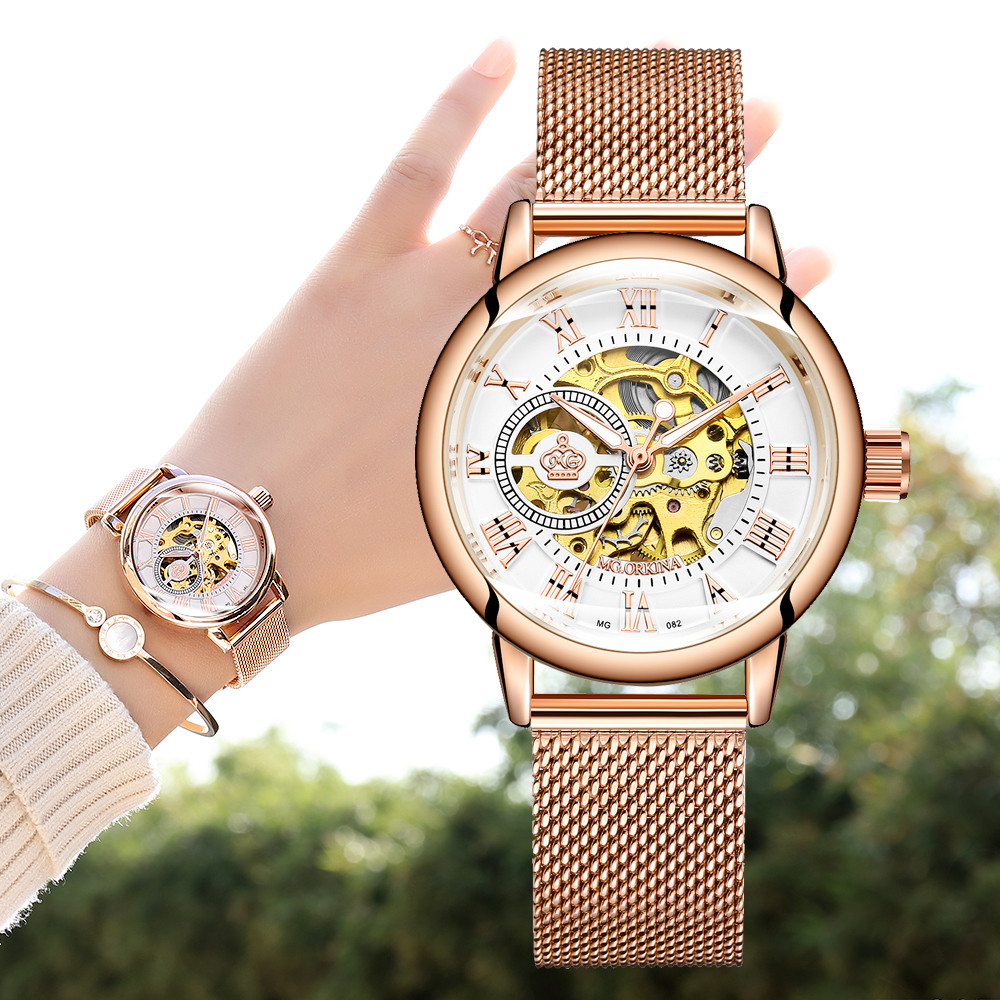 ORKINA Mechanical Women Bracelet Watch Skeleton Automatic Wristwatch Mesh Stainless Steel Band Femal