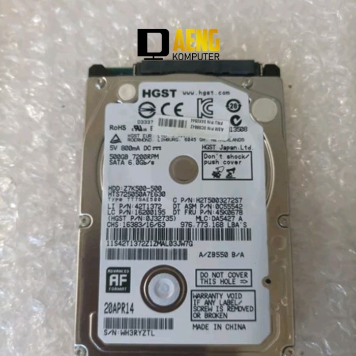 Hdd Hardisk internal Laptop 500 GB Merk HGST model Slim tipis Rpm 7200