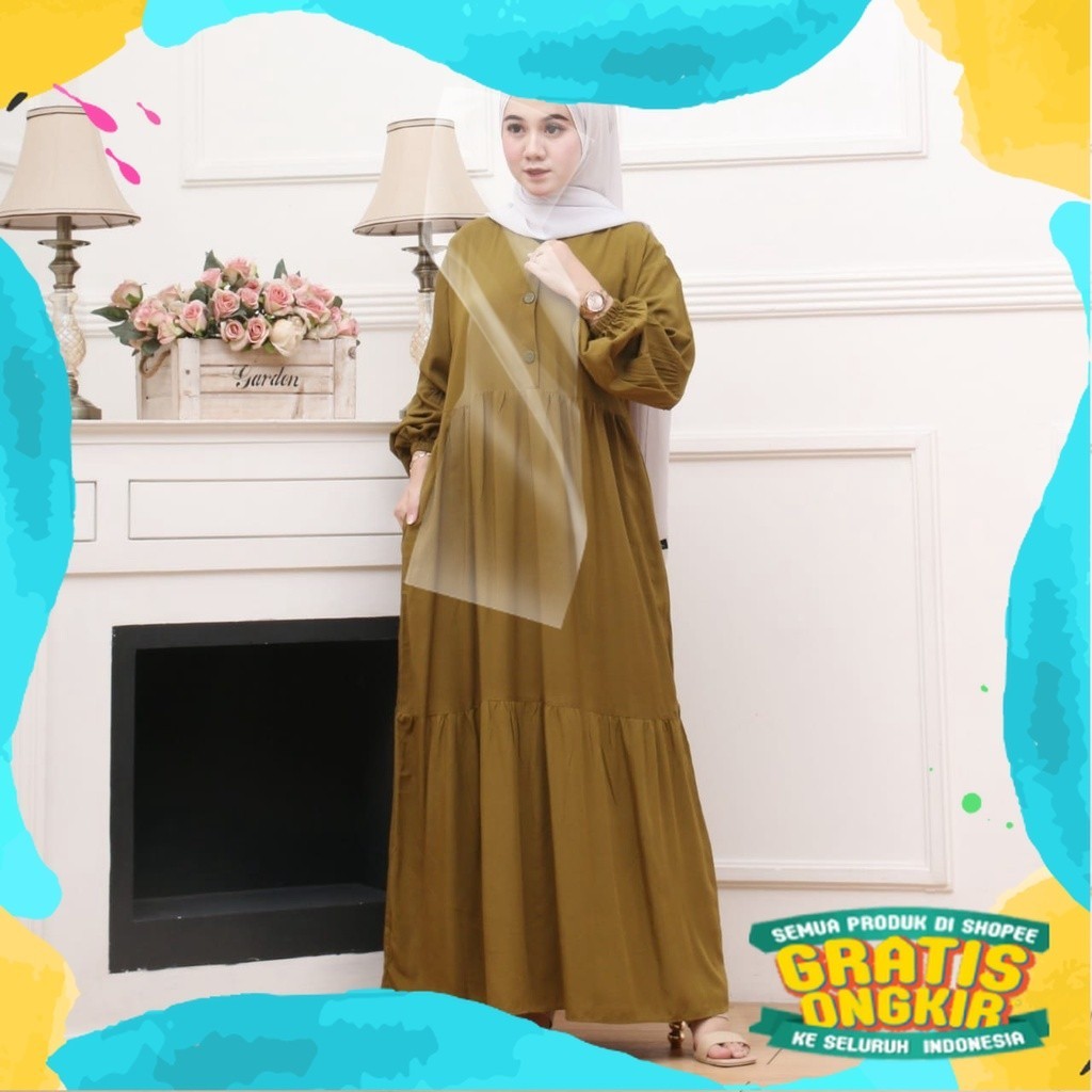 Gamis Rayon Polos Susun Canda Lengan Balon Busui Kancing Depan/Jokowidodo