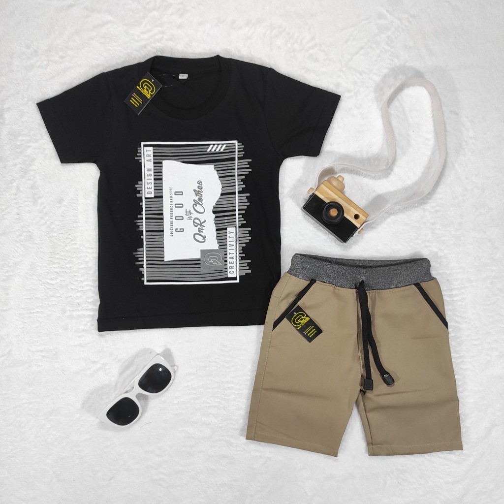 QNR Setelan Anak 1-12Thn  LV4 KCR Kaos Distro QnR  dan  Celana Chinos Pendek / Stelan Anak Baju Cela