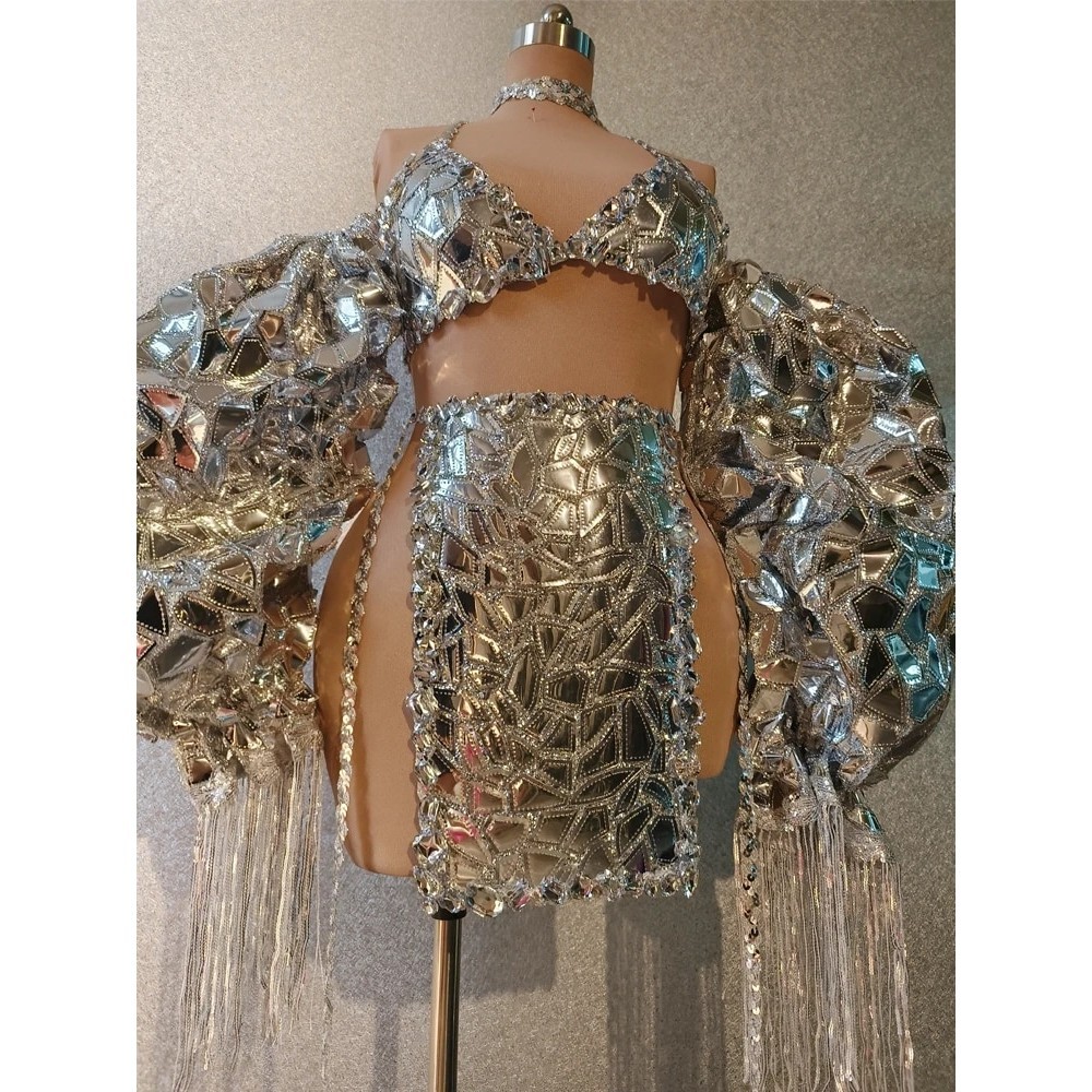 Sexy Shining Silver Laser Glitter Bubble Sleeves Dancer Performance Show Suit Birthday Celebrate Lac