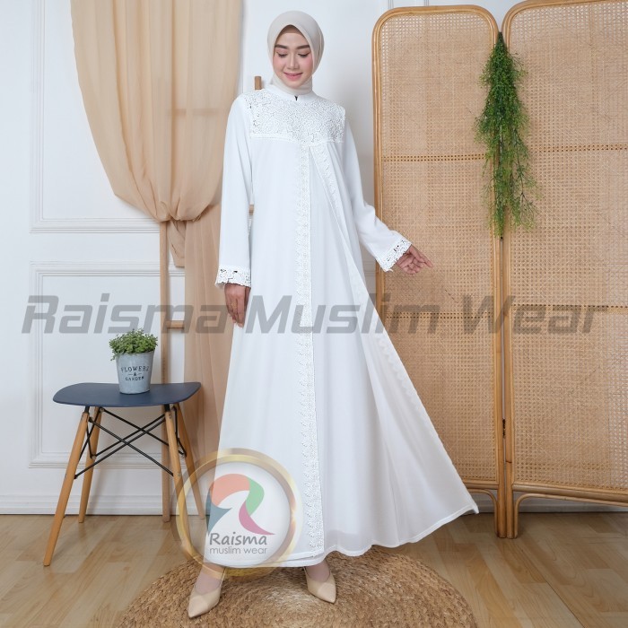 Gamis Putih Brukat Komb Ceruti Babydoll Mewah  Dress Muslimah R - XL