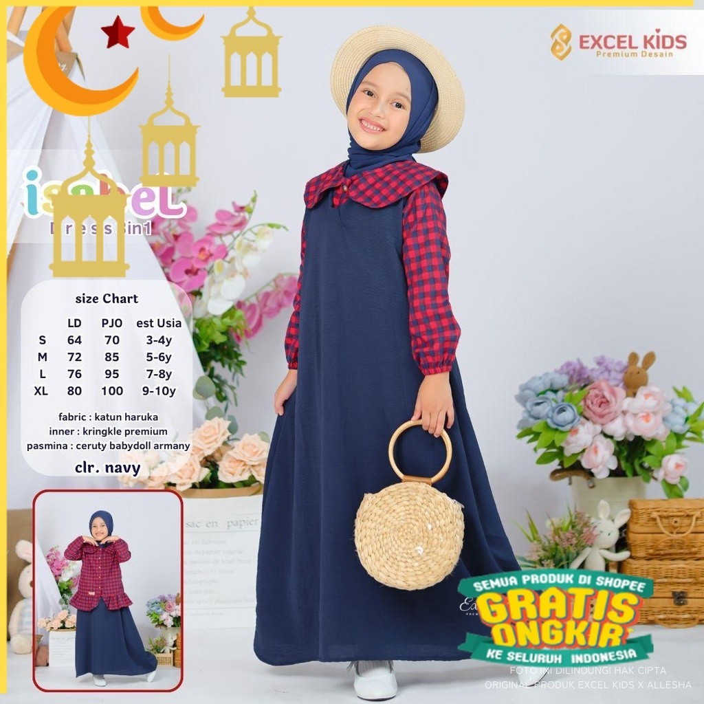 ShopaKIDS Isabel Dress Kids 3 in 1 Gamis Lebaran Anak Perempuan Motif Kotak-kotak bahan Katun Haruka