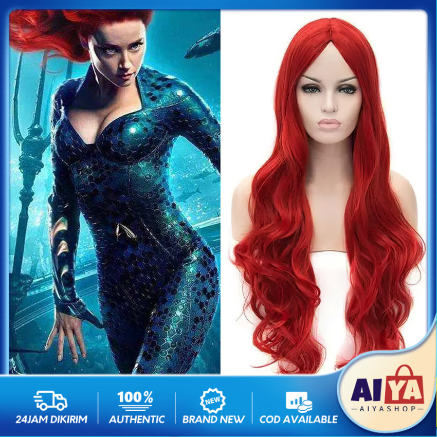 Wig Merah Panjang Curly Keriting Warna Cosplay Rambut Palsu Wanita Curly