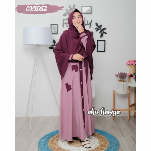 Gamis Set Hijab Nadia Syari  Aku Karissa Berlabel Ity Crepe - Olive, All Size