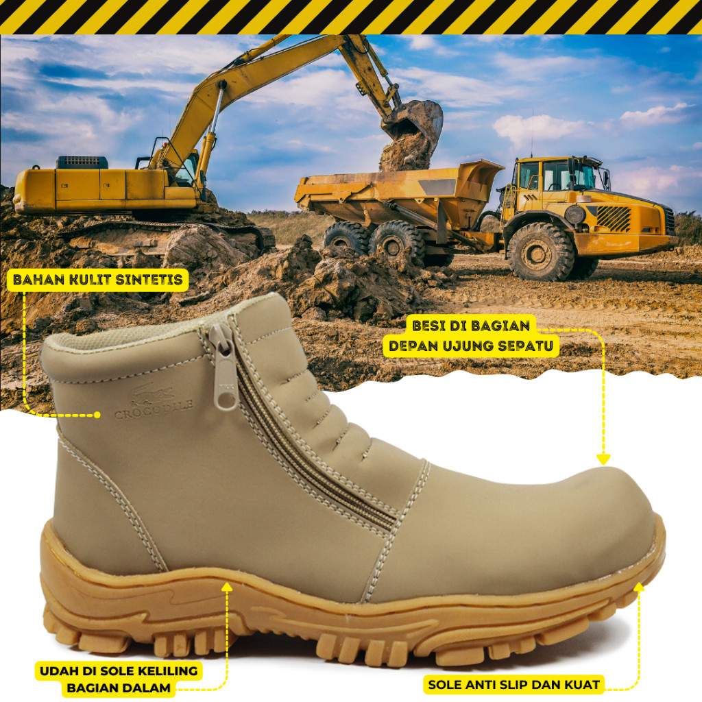 FD54TZ Sepatu Safety Pria Boots Slip On Tanpa Tali - Sepatu Boots Pria Septi Ujung Besi Proyek Hiking Outdoor Tracking Adventure