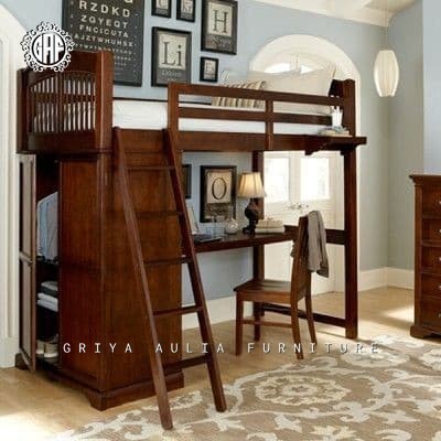 Tempat tidur anak tangga kayu jati meja belajar dipan ranjang tingkat