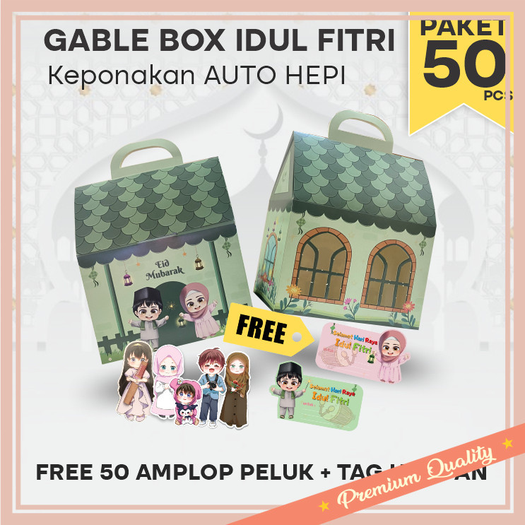 

Souvenir kado lebaran unik murah idul fitri hampers / Gable Box Hampers Lebaran 50pcs/ Motif Rumah Idul Fitri / Parcel Hari Raya Anak Keponakan (Paket 50pcs)