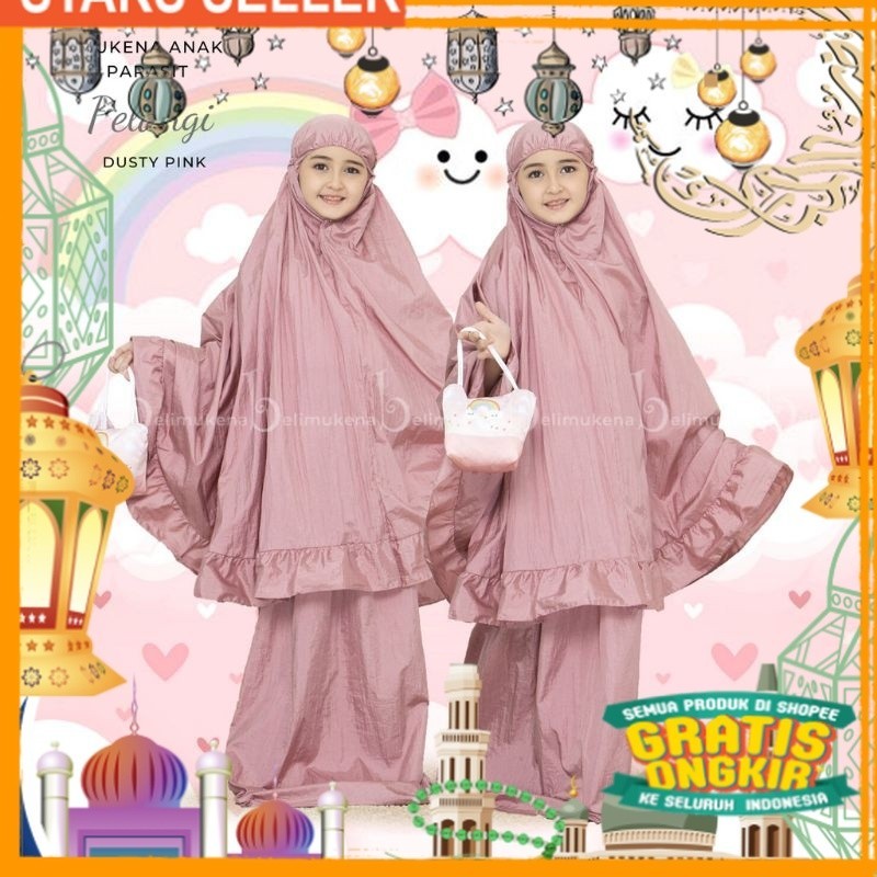 Mukena Anak 7-11 thn Parasit Premium Tas Traveling Mukenah Travel Rempel Polos Tanggung/ Pink Dusty 