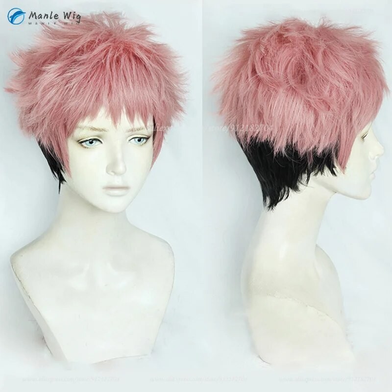 Wig Cosplay Anime Yuji Itadori, Wig Halloween tahan panas + topi Wig gratis, Wig Cosplay pendek hita