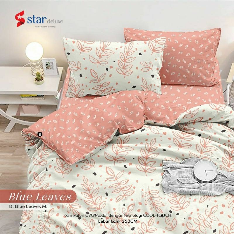 Bedcover + sprei anti geser katun star motif BLUE LEAVES kombinasi bunga putih dan salem