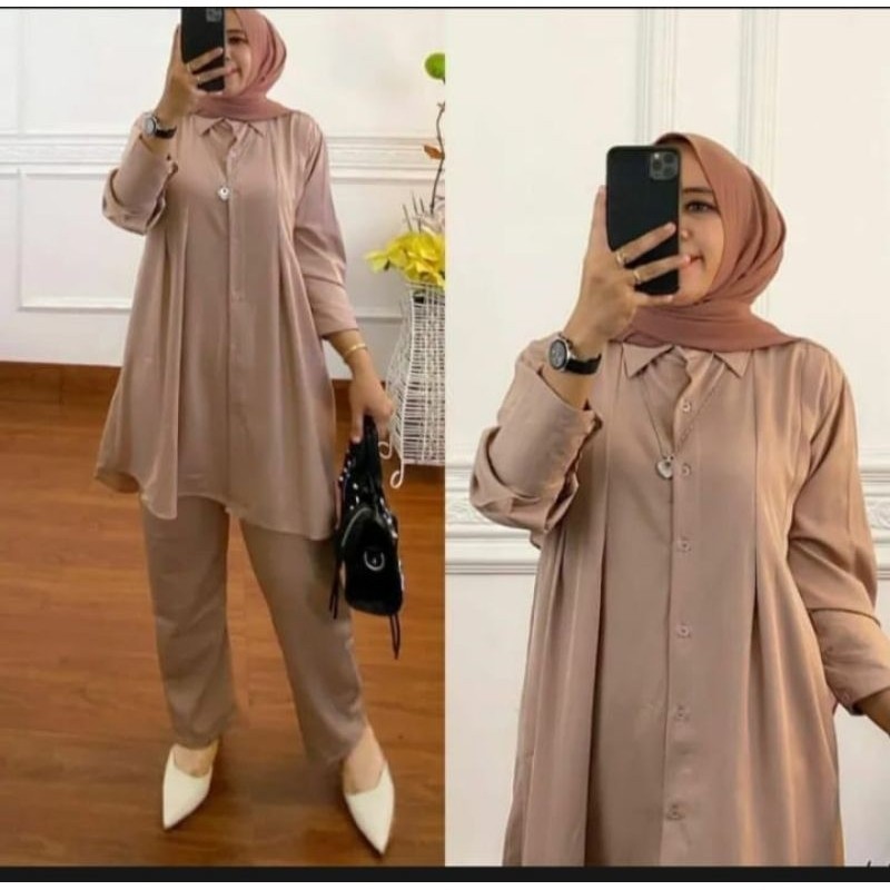 setelan Tunik kemeja wanita One Set Crinkle Premium/Setelan Tunik Wanita/Stelan Tunik Celana Panjang