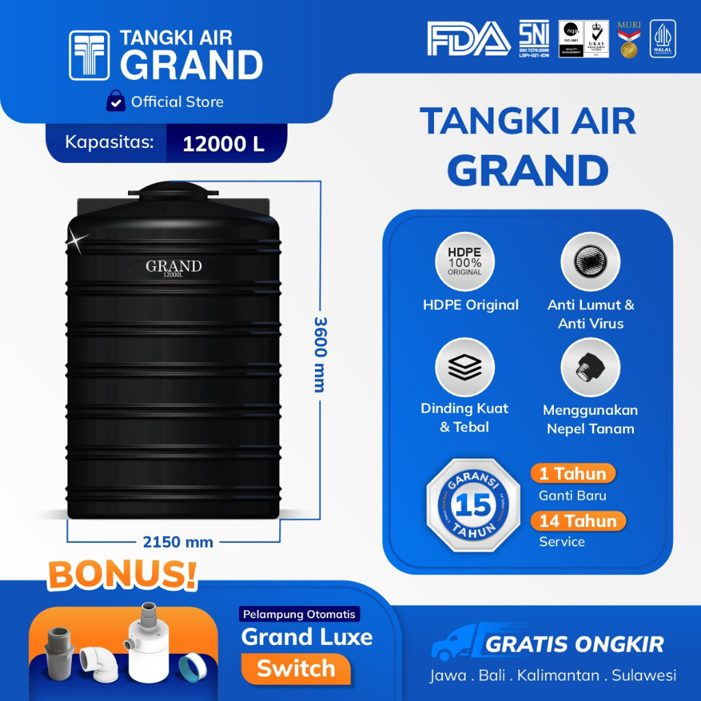 Tangki Tandon Toren Air Grand 12000 Liter Anti Lumut Free Ongkir