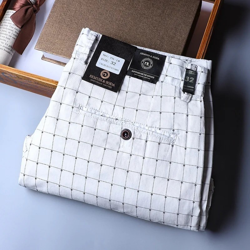 White Summer Plaid Pants Men Korea Style Regular Fit Office Suit Pants Formal Dress Trousers for Men