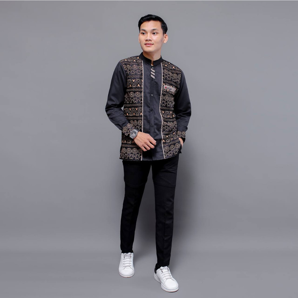 Baju Koko Pria Lengan Panjang Motif Dayak Kombinasi Batik Warna Hitam