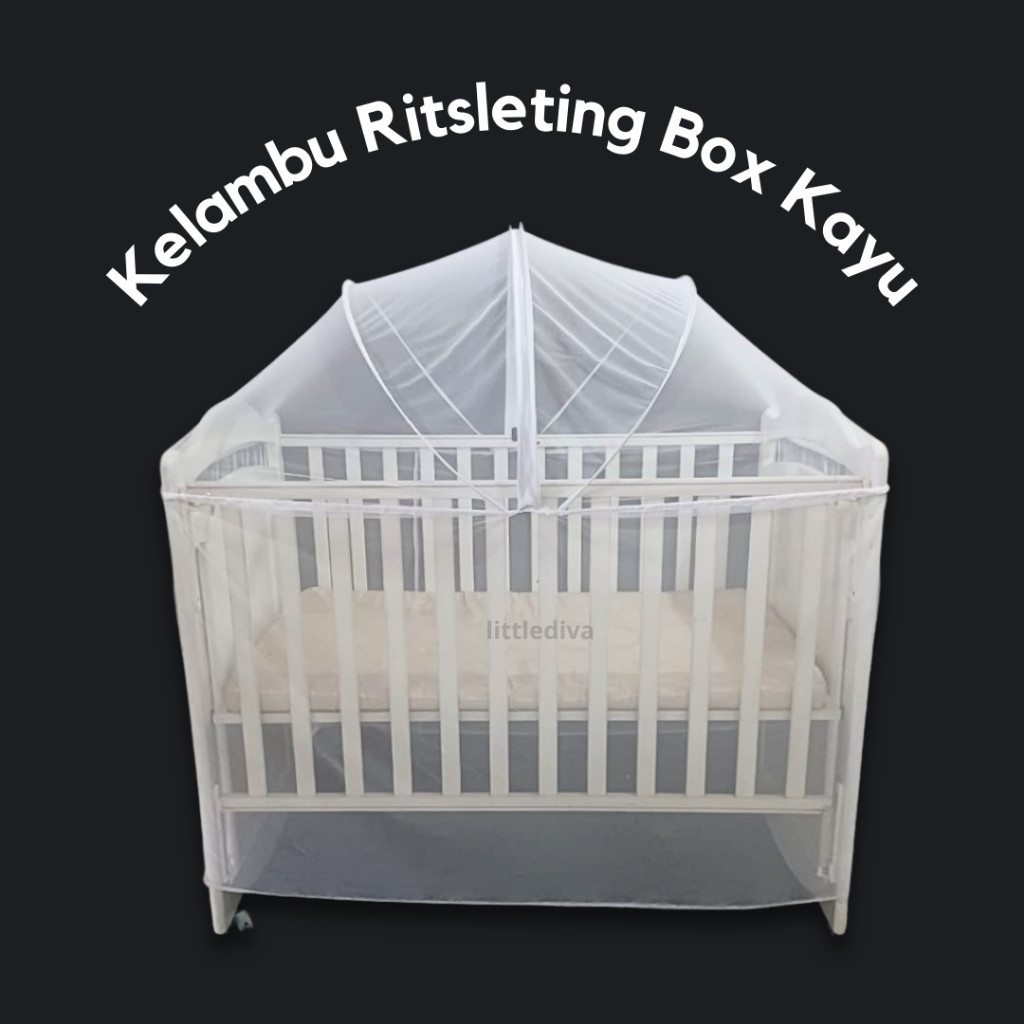 Kelambu Box Kayu Bayi Ritsleting Kawat Anti Nyamuk Buka Tutup warna putih