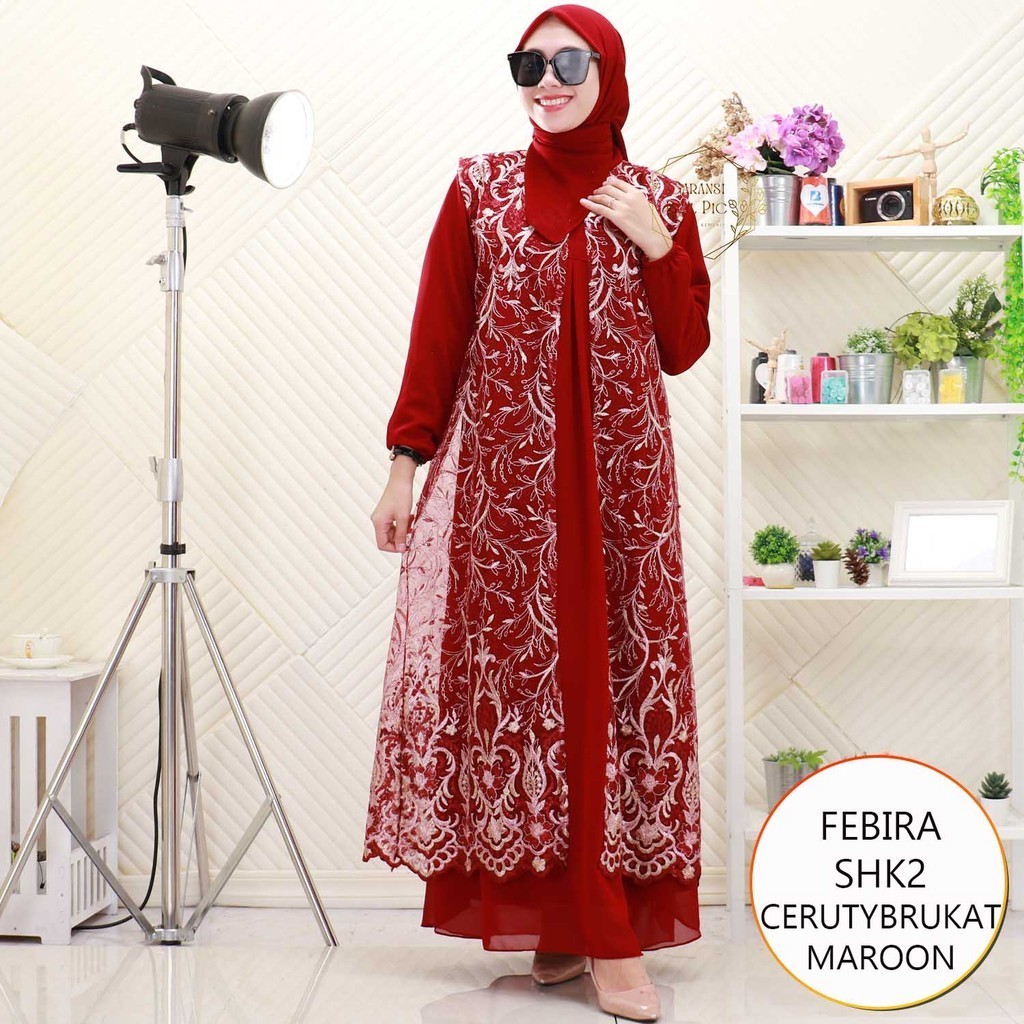 Febira Gamis Pesta Ceruty Cardi Brukat Nyatu Lengan Balon Set Hijab Segiempat