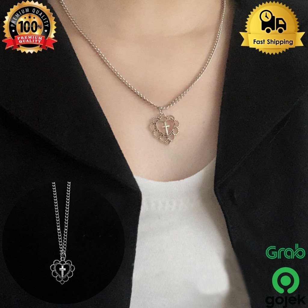 kalung rantai pria wanita titanium lapis emas hati salib , kalung rantai / kalung liontin salib , ka