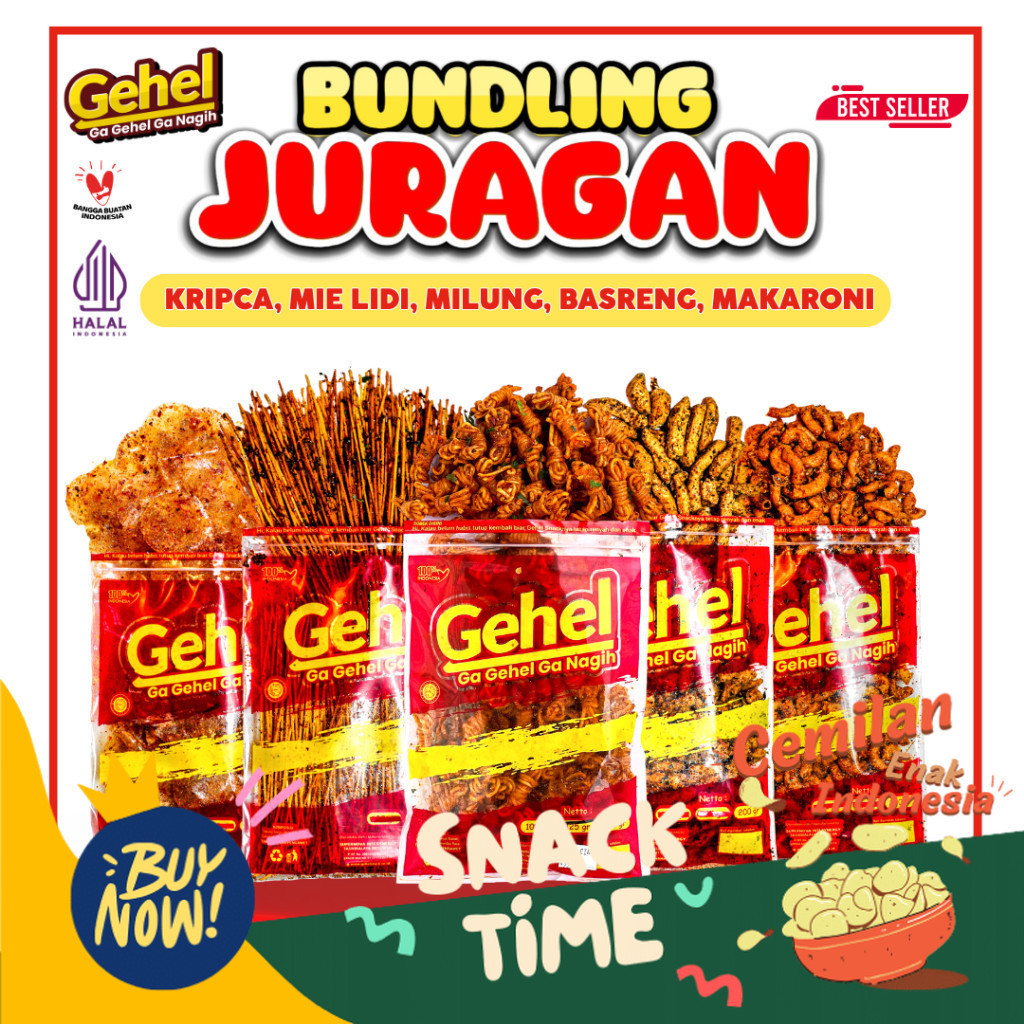 

PROMO SPESIAL Gehel Paket Bundling Juragan (Mie Lidi, Basreng, Makaroni, Kripca, Milung) Pedas Jeruk - Makanan Ringan