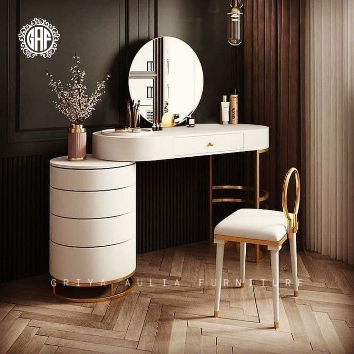 Meja rias modern kombinasi besi finishing gold