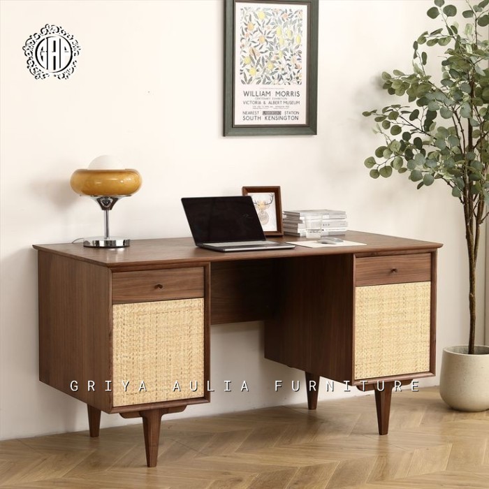 MEJA KERJA KAYU JATI MINIMALIS - OFFICE DESK - MEJA BELAJAR ROTAN JATI