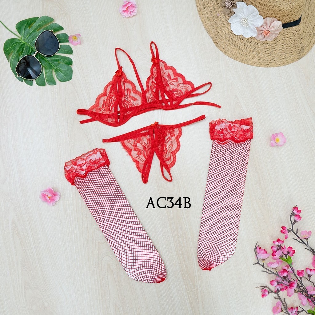 Set Bra G String Pakaian Dalam Wanita + Stocking Lace Merah Ac34B