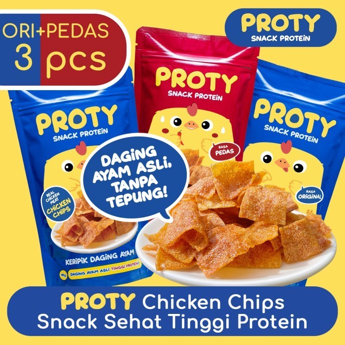 

AZT Snack Sehat Tinggi Protein PROTY Ori(2)+Pedas(1) Cemilan Chicken Chips