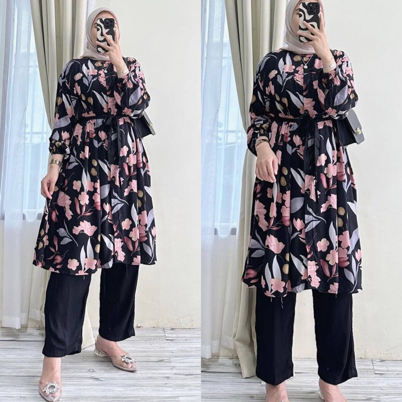 NANDA ONE SET LONG TUNIK BAHAN RAYON MOTIF FULL KANCING DEPAN BUSUI / SETELAN WANITA PREMIUM LD 110 
