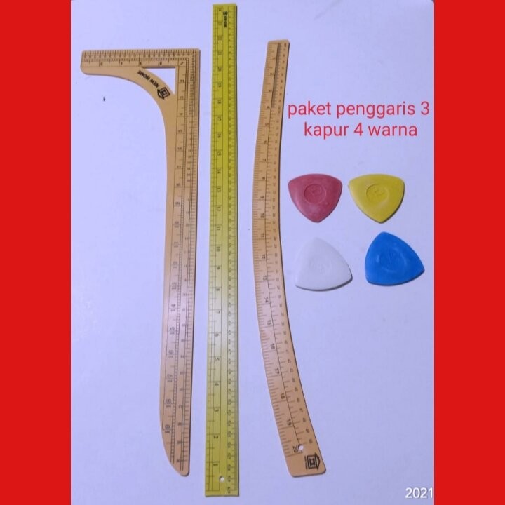 

penggaris . pola jahit / paket berisi 3 penggaris . 4 kapur warna campur / penggaris . besar / penggaris . pola jahit/ alat alat mesin jahit / aksesoris jahit/mistar /jidar / PENGGARIS POLA