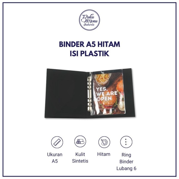 

ANDMA Buku Menu Jakarta - Buku Menu Kulit Ring Binder 6 lubang Isi plastik Mika A5 Coklat Muda, Coklat Tua, Hitam - Cafe, Coffee Shop, Restoran, Hotel - Hitam A5