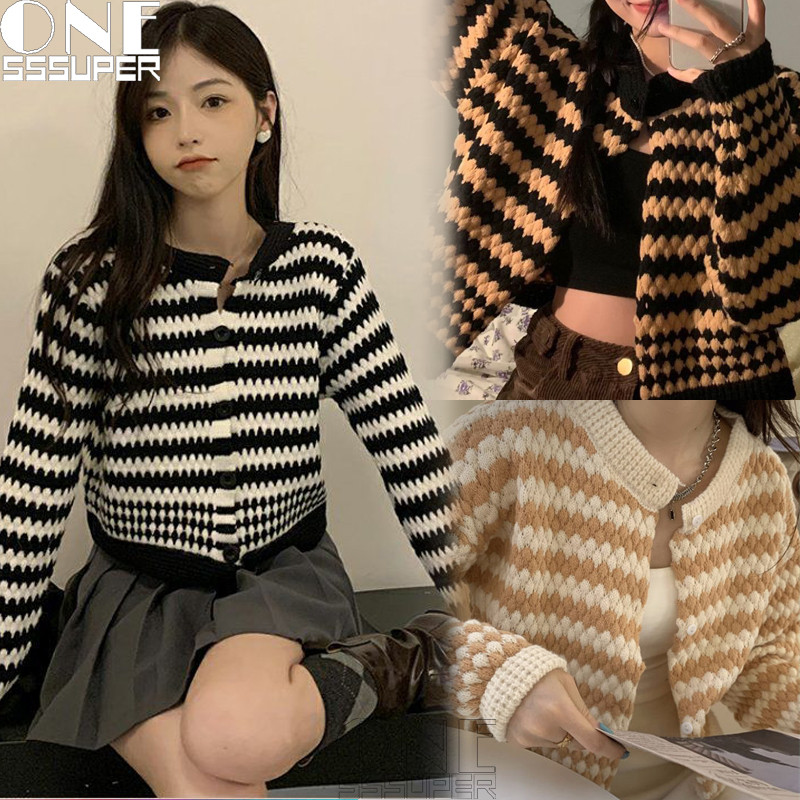 Kardigan Rajut Warna Kontras Gaya Korea Jaket Rajut Pendek Warna Polos Retro Gaya Korea Jaket Rajut 