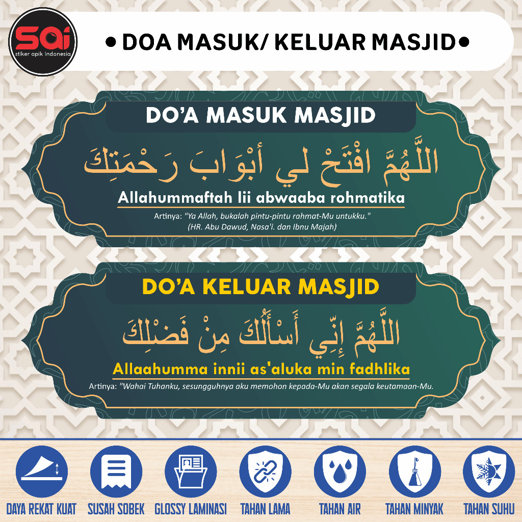 

stiker vinyl anti air/ waterproof DOA MASUK & KELUAR MASJID laminasi glossy