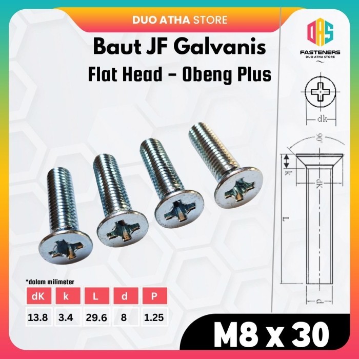 JF M8x30 Baut JF Flat Head Baut JF M8 x 30 Obeng Plus